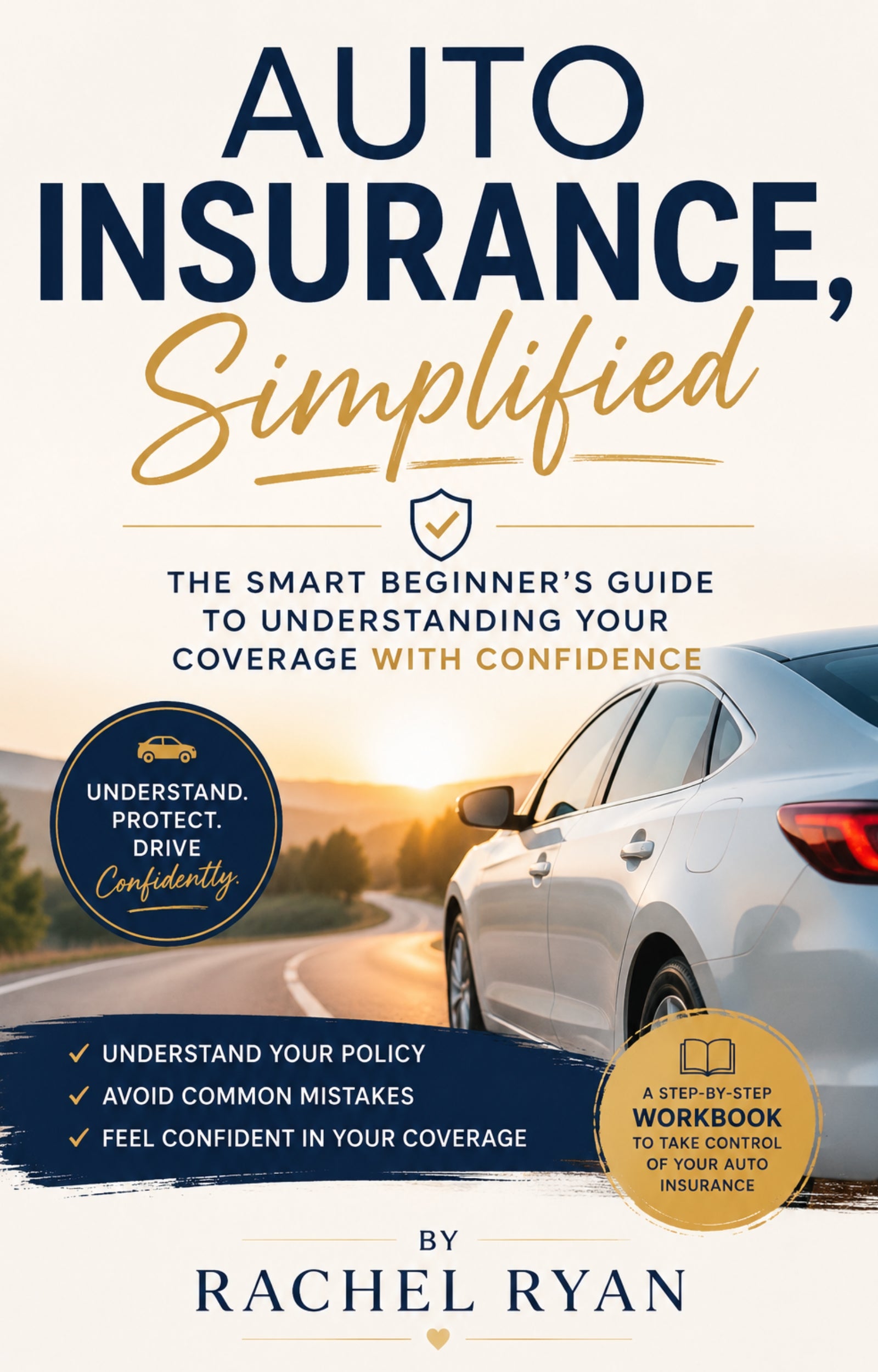 Book cover of 'Auto Insurance, Simplified' by Rachel Ryan with a car on a road at sunset.